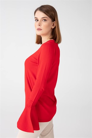 Kadın Bezay Kolu Volanlı Bluz Koyu Kırmızı