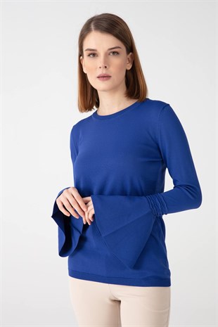 Kadın Bezay Kolu Volanlı Bluz Saks Mavi