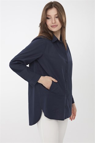Womens Cotton Shirt with Pockets Navy Blue