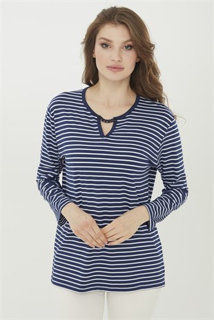 Womens Striped Long Blouse Navy Blue