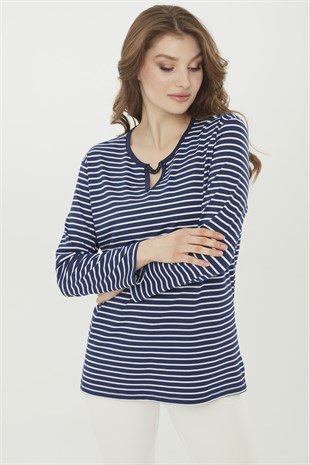 Womens Striped Long Blouse Navy Blue