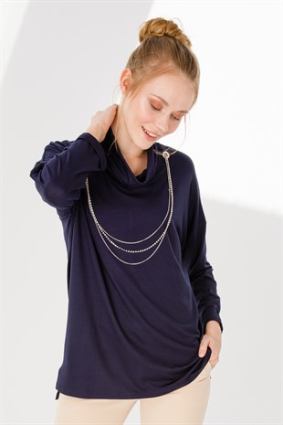 Womens Cowl Neck Tunic Worsted Navy Blue