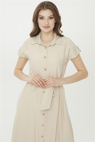 Womens Shirt Collar Linen Dress Beige