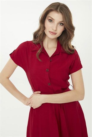 Womens Shirt Collar Linen Dress Red