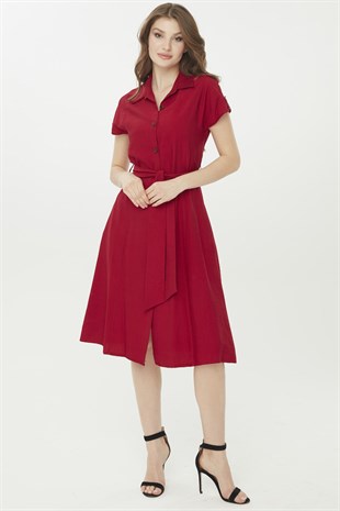 Womens Shirt Collar Linen Dress Red