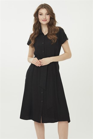 Womens Shirt Collar Linen Dress Black