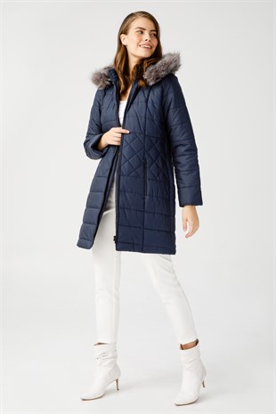 Womens Hoody Quilted Coat Navy Blue