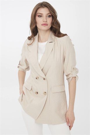 Womens Capri Sleeve Linen Jacket Beige