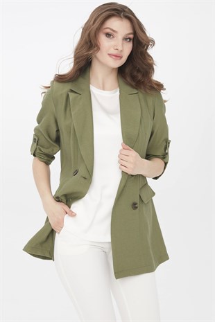 Womens Capri Sleeve Linen Jacket Khaki