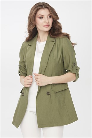 Womens Capri Sleeve Linen Jacket Khaki