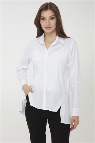 Kadın Kenarları Düğmeli Koton Gömlek Beyaz