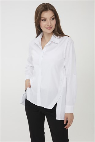 Kadın Kenarları Düğmeli Koton Gömlek Beyaz