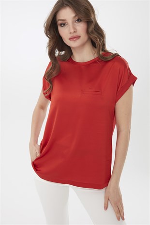 Womens Short Sleeve Satin Front Blouse Coral