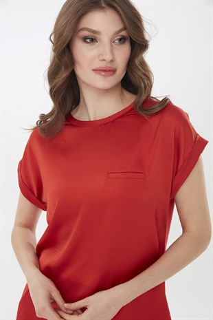 Womens Short Sleeve Satin Front Blouse Coral