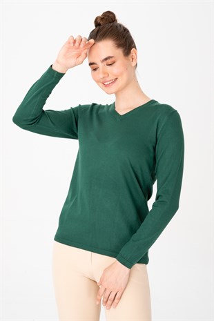 Womens Lycra Basic V-Neck Blouse Green