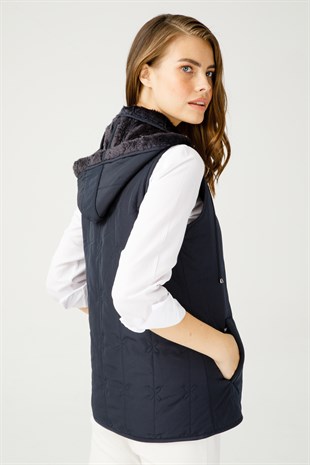 Womens Hoody Quilted Coat Navy Blue