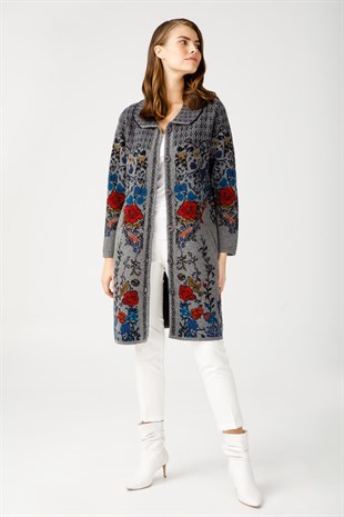 Womens Floral Pattern Wool Long Cardigan Gray