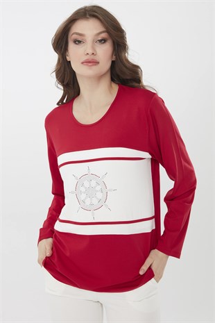 Womens Crew Neck Helm Patterned Long Sleeve Blouse Red
