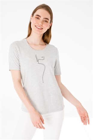 Kadın Sıfır Yaka Kısa Kol Siluet Nakışlı Penye T-Shirt G.Melanj