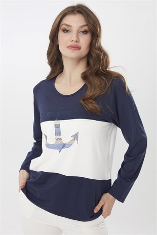 Womens Crew Neck Long Sleeve Blouse with Anchor Embroidered Front Navy Blue