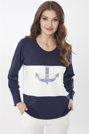 Womens Crew Neck Long Sleeve Blouse with Anchor Embroidered Front Navy Blue