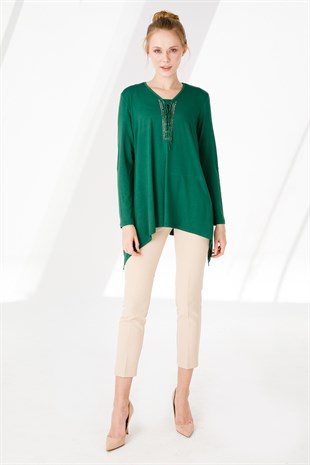 Kadın Sıfır Yaka Uzun Kol Eteği Asimetrik Penye Tunik Yeşil