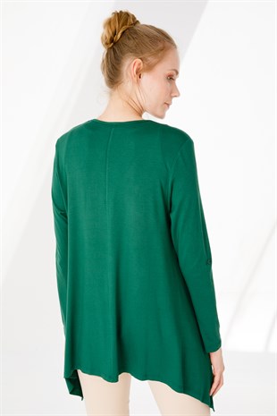 Kadın Sıfır Yaka Uzun Kol Eteği Asimetrik Penye Tunik Yeşil