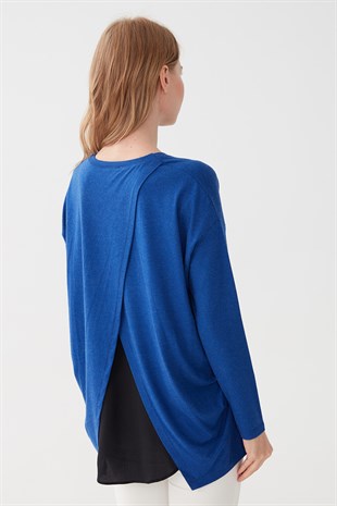 7914Kadın Sıfır Yaka Uzun Kol Penye Bluz Saks Mavi