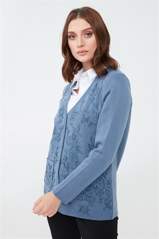 Womens V Neck Knitwear Cardigan H.Blue
