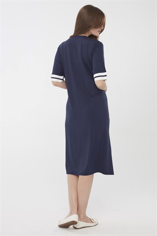 Womens V Neck Short Sleeve Cotton Dress Navy Blue