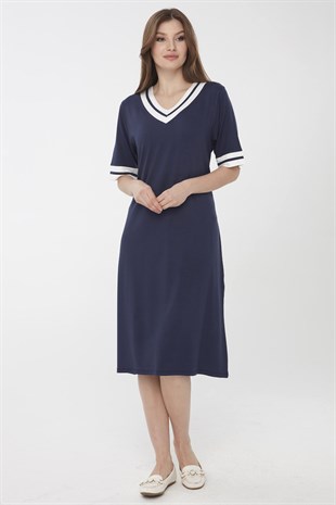 Womens V Neck Short Sleeve Cotton Dress Navy Blue