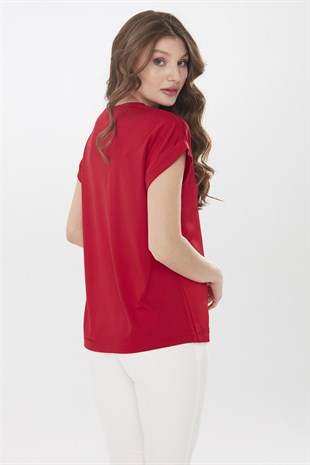 Womens V-Neck Satin Front Blouse Red