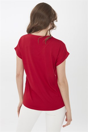 Womens V-Neck Satin Front Blouse Red