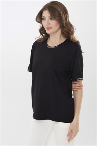 Womens  Short Sleeve  Cotton Blouse with Embroidered Collar Black