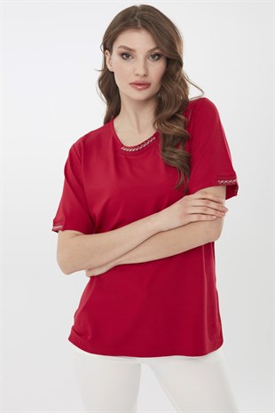 Womens  Short Sleeve  Cotton Blouse with Embroidered Collar Red