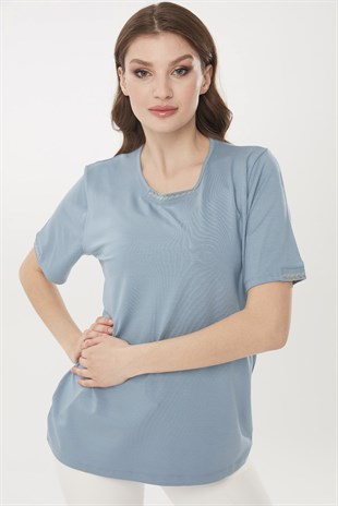 Womens  Short Sleeve  Cotton Blouse with Embroidered Collar Mint
