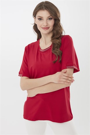 Kadın Yakası İşlemeli Kısa Kollu Penye Bluz Kırmızı