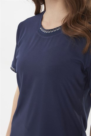 Womens  Short Sleeve  Cotton Blouse with Embroidered Collar Navy Blue