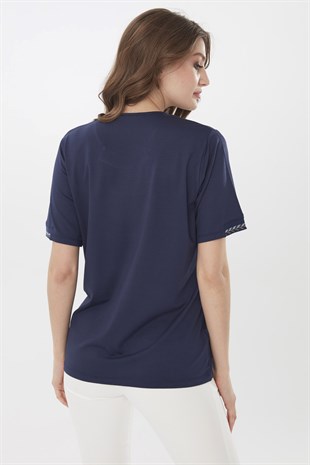 Womens  Short Sleeve  Cotton Blouse with Embroidered Collar Navy Blue