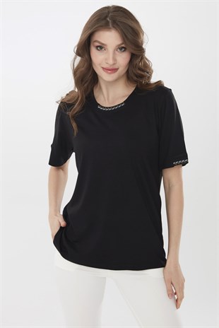 Womens  Short Sleeve  Cotton Blouse with Embroidered Collar Black
