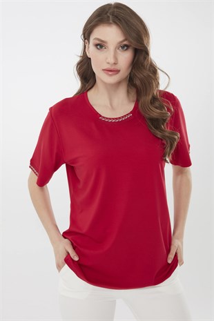 Womens  Short Sleeve  Cotton Blouse with Embroidered Collar Red