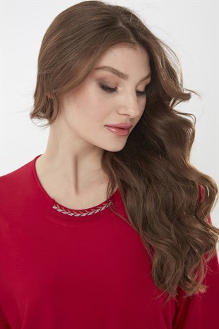 Womens  Three Quarter  Sleeve  Cotton Blouse with Embroidered Collar Red