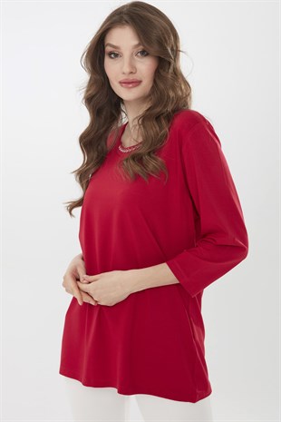 Womens  Three Quarter  Sleeve  Cotton Blouse with Embroidered Collar Red