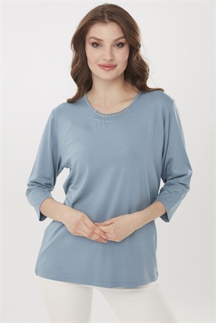 Womens  Three Quarter Sleeve  Cotton Blouse with Embroidered Collar Mint