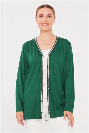 Kadın Yakası Simli Penye Ceket Yeşil