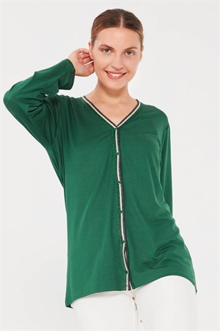 Kadın Yakası Simli Penye Ceket Yeşil